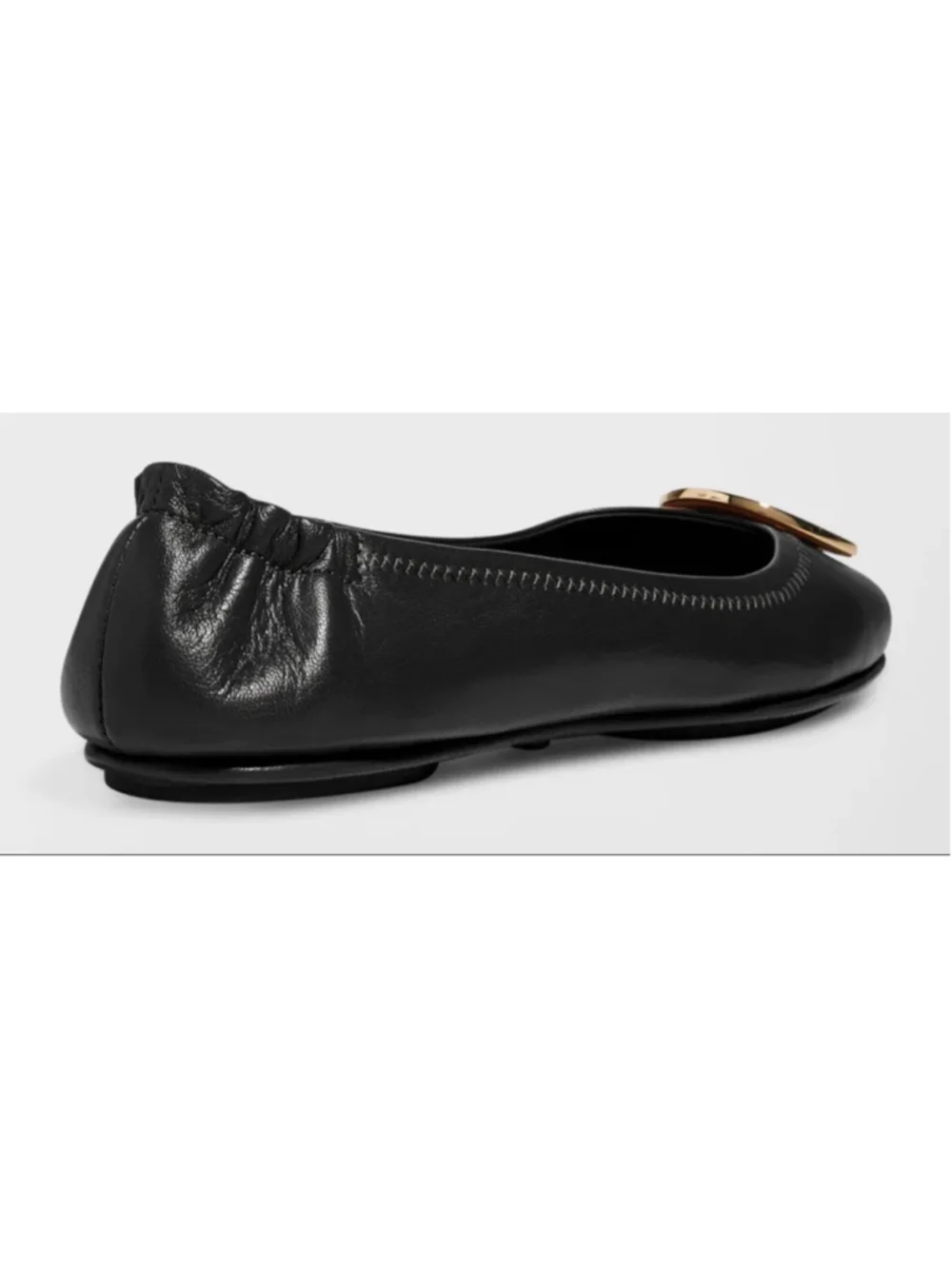 New Tory Burch Minnie Foldable Leather Flats in Black with Gold Logo, Size 8